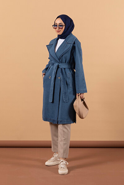 Stilife Geniş Yaka Denim Kap Mavi