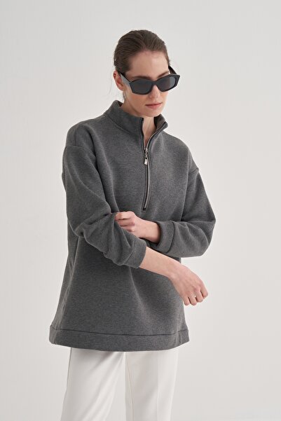 EBU Prive Γυναικείο μπλουζάκι με μισό φερμουάρ ανθρακί