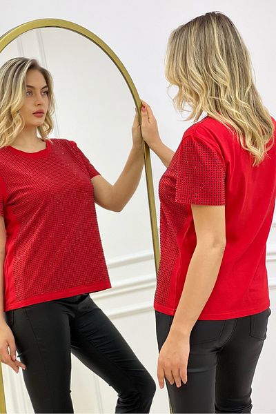 RICH GLAM All Crystal Stones Plus Size Crew Neck Cotton Stylish Women's T-Shirt T-Shirt