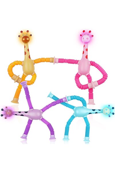 AWH مجموعة من 4 ألعاب على شكل زرافة بأكواب شفط تلسكوبية، لعبة حسية مع أضواء، لتخفيف التوتر