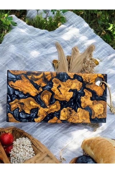 F&S WoodArt Olive Tree & Black Epoxy Coffee Cheese Wine Presentation Board Plate - Tray 40 X 20 cm