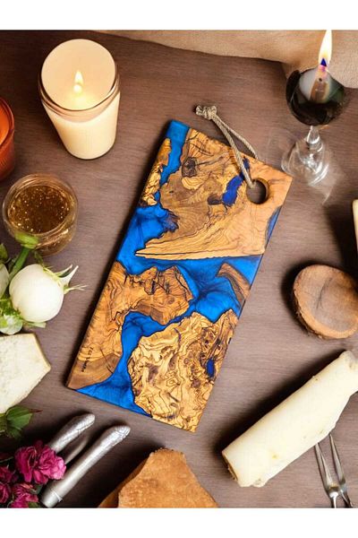F&S WoodArt Olive Tree & Blue Epoxy Coffee Cheese Wine Presentation Board Plate - Tray 40 X 20 cm