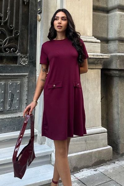 Ded COLLECTION Rochie modală pentru femei, cu mânecă scurtă, cu nasturi ornamentale, cu buzunare