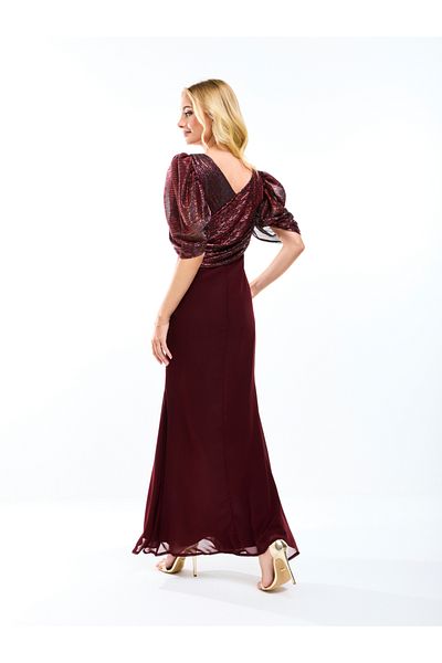 House of Moda By Styli Wrap Over Draped Puff Sleeves A-Line Maxi Dress