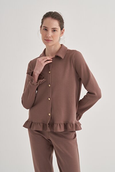 EBU Prive Γυναικεία ζακέτα σε χρώμα καφέ - Πλεκτή από ατσάλι και βολάν