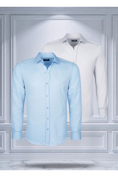 Todth 2-Pack Easy-Iron Four Seasons Modern Fit Soft Texture Blue and White Solid Shirts