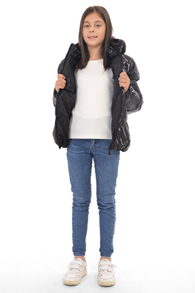 Outriverkids Kız Çocuk Siyah Çıkabilir Kapüşonlu Su ve Rüzgar Geçirmez Cepli Kışlık Şişme Mont & Kaban & Parka