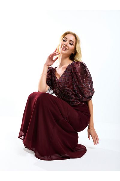 House of Moda By Styli Wrap Over Draped Puff Sleeves A-Line Maxi Dress