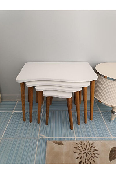 İZMİR ALİNDA MOBİLYA AĞAÇ AYAKLI 4'LÜ ZİGON SEHPA KREM RENK