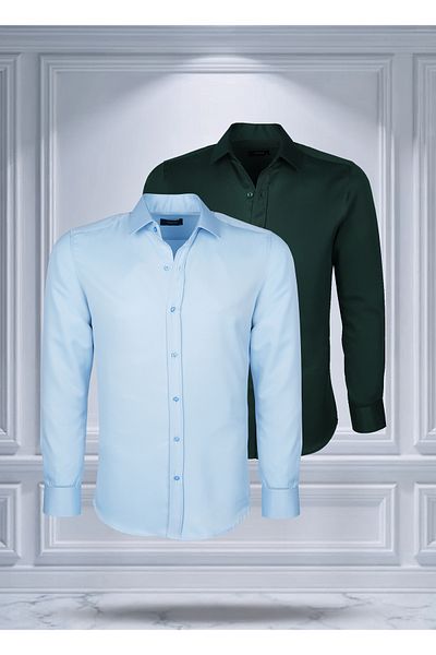 Todth 2 Pack Easy-Iron Four Seasons Modern Fit Soft Texture Blue and Green Plain Shirts