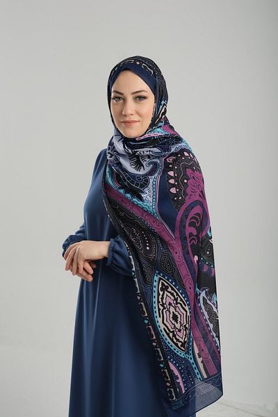 Giverny Ethnic Navy Blue μοτίβο βαμβακερό σάλι - Ψηφιακή εκτύπωση, κομμένες ίνες 202124 _02