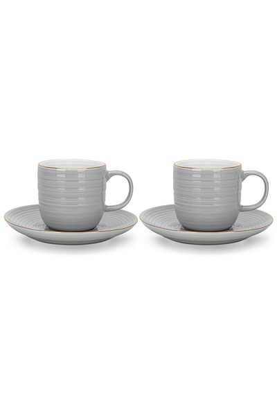 Fissman Porcelain Tea Cups with Saucer 180mL Set of 2, Firmina New Bone China Golden Rims Gray