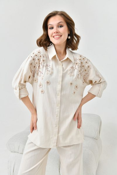 MVStore Women's Sequin Embroidery Stone Embroidered Flam Linen Shirt and Pants Set