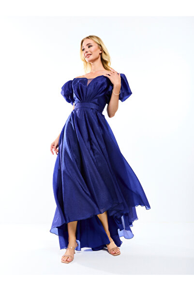 House of Moda By Styli Off Shoulder Neck High Low Hem Maxi Dress with Tie Belt