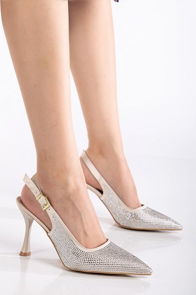 RİSSOLİ Rissoli Rochie de seară din țesătură cu spate deschis, cu detaliu de piatră, bej crem, pentru femei, pantofi cu toc stiletto