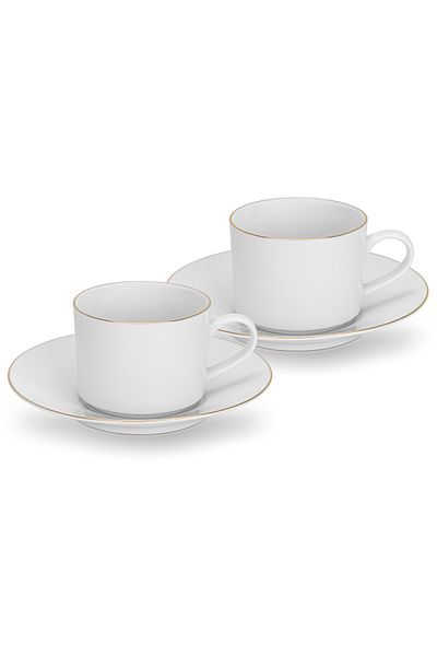 Fissman Porcelain Cups with Saucers 240mL Set of 2, New Bone China Golden Rim for Tea, Espresso