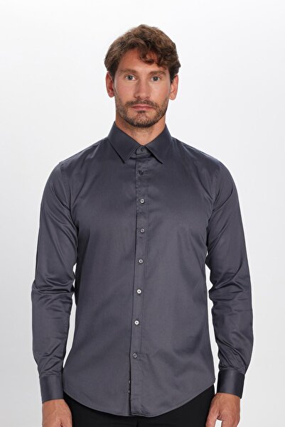 Tudors Slım Fıt Uzun Kollu %100 Koton Saten Premium Erkek Füme Gömlek