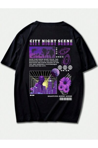 Ramer Unisex City Night Scene Yazılı Tshirt