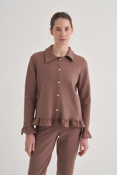 EBU Prive Γυναικεία ζακέτα σε χρώμα καφέ - Πλεκτή από ατσάλι και βολάν