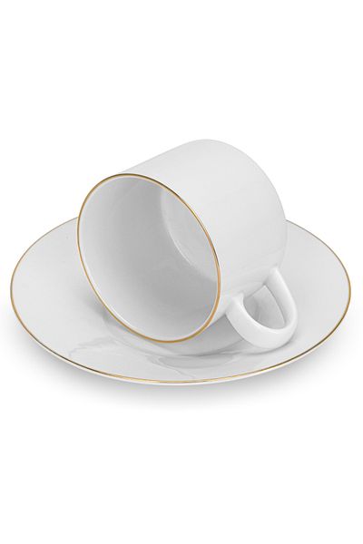 Fissman Porcelain Cups with Saucers 240mL Set of 2, New Bone China Golden Rim for Tea, Espresso