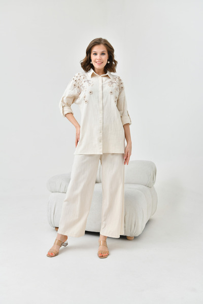 MVStore Women's Sequin Embroidery Stone Embroidered Flam Linen Shirt and Pants Set