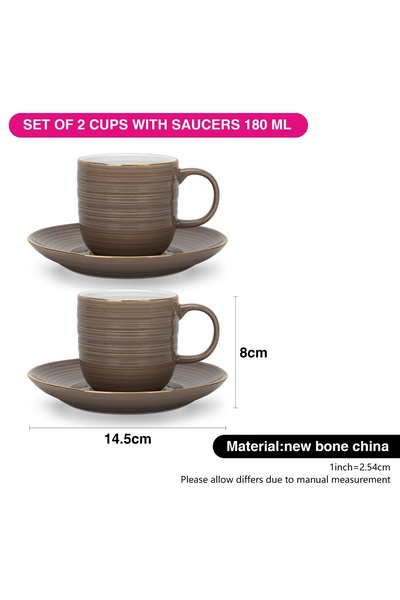 Fissman Porcelain Tea Cups with Saucer 180mL Set of 2, Firmina New Bone China Golden Rims Brown