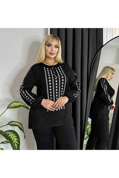 LİKRA Women's Large Size Sleeve Elastic Collar Tie Flexible Two Thread Bluz