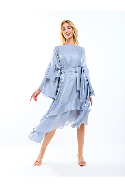 House of Moda By Styli Asymmetrical Layered A-Line Midi Dress with Tie-Belt