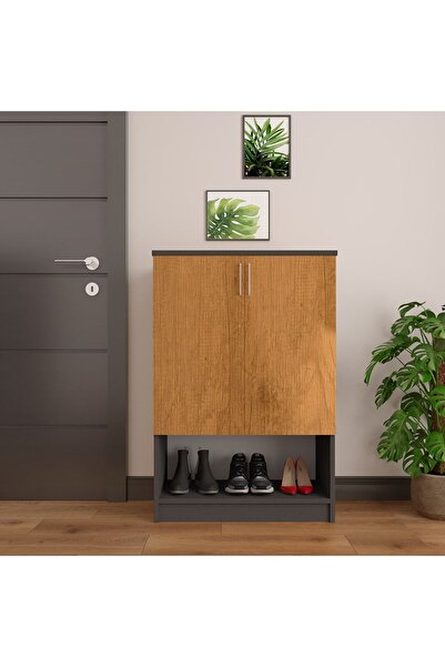asratrend Asra Trend MDF Koyu Gri/Petra 2 Kapaklı Ayakkabılık - 4 Raflı Moder...