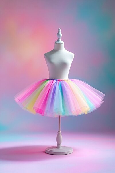 Armada Kız Çocuk Gösteri Kostüm Soft Pastel Makaron Unicorn Karışık Renkli Kristal Tül Tütü Etek ( 4-5 Yaş)