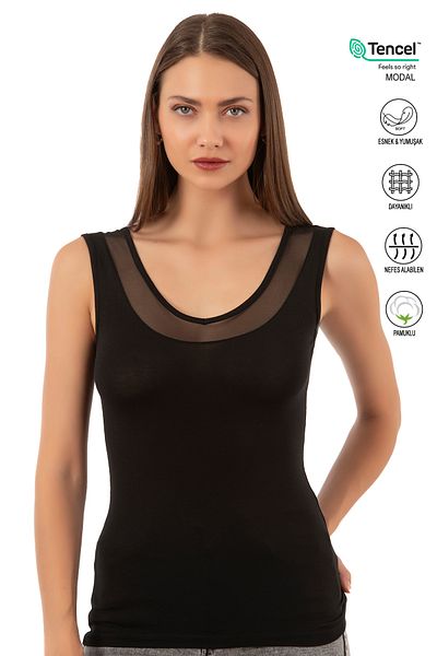 ÖZKAN underwear Özkan 22848 Γυναικείο μοντάλ βαμβακερό λουράκι με λαιμόκοψη V με λεπτομέρεια από τούλι