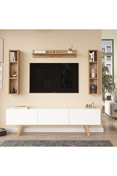 Robin Home Marlon Tv Ünitesi Raflı 3 Kapaklı 180cm Ahşap Ayaklı Beyaz-Sepet