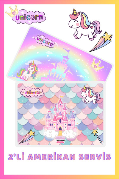 The Grade Amerikan Servisi 2'li Unicorn Mix Çocuk Amerikan Servis 2'li Yemek Altlığı Su Geçirmez (42X28 CM)