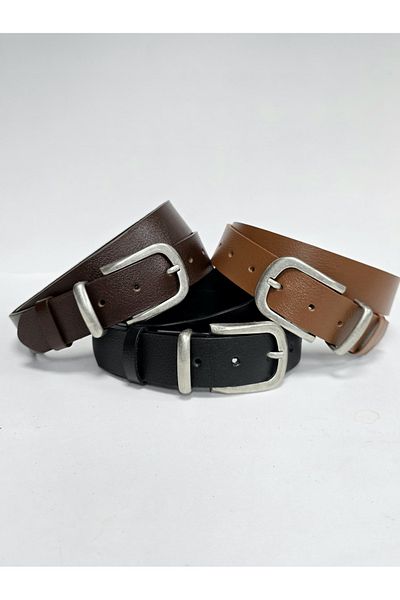 Kemerix 3.2 cm Black-Tan-Bitter Brown 3-Piece Buckle 100% Genuine Leather Belt Set