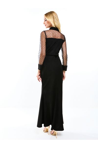 House of Moda By Styli Flocked Mesh Insert Keyhole Neck Maxi Dress