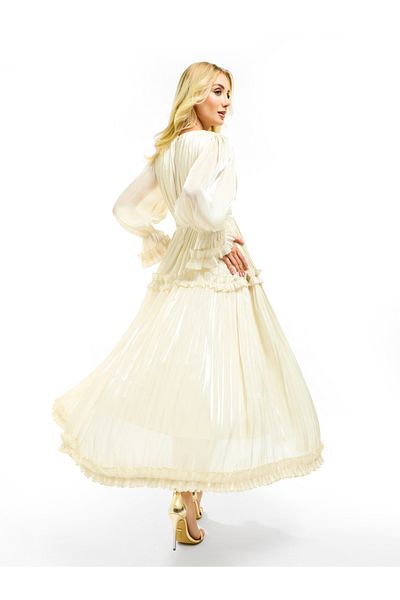House of Moda By Styli Glazed Organza Ruffle Trim Maxi Dress with Tie Belt