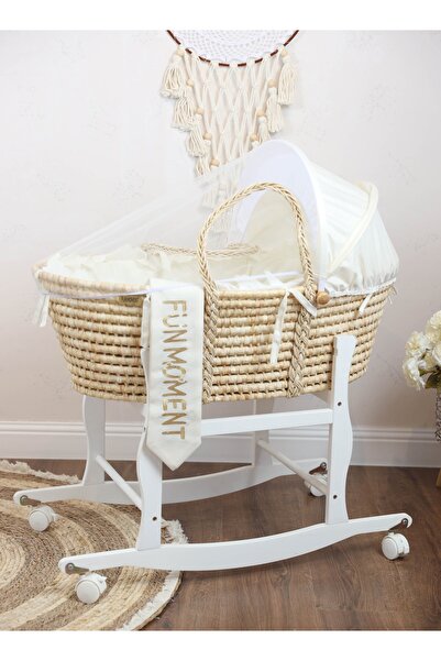 Fun Moment مهد الطفل سلة موسى للأطفال مع ناموسية مع حامل أبيض بعجلات