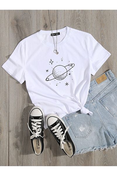 MODARİCH Σχέδιο Saturn Star - Λευκό μπλουζάκι με κοντό μανίκι με λαιμόκοψη με στάμπα