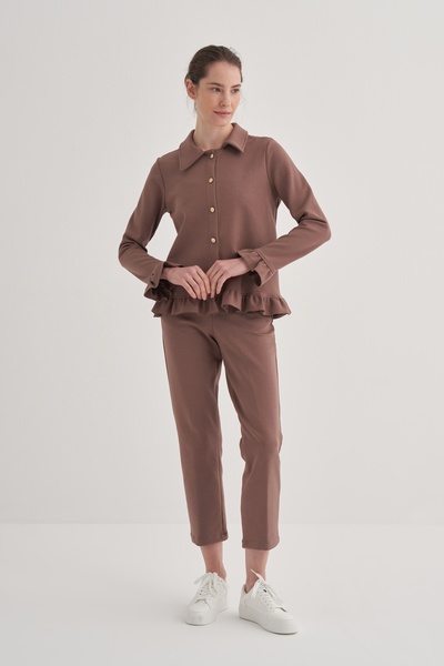 EBU Prive Γυναικεία ζακέτα σε χρώμα καφέ - Πλεκτή από ατσάλι και βολάν