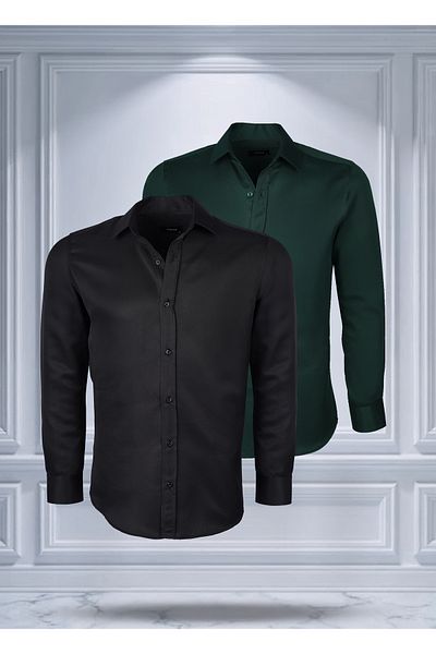 Todth 2 Pack Easy-Iron Four Seasons Modern Fit Soft Texture Black and Green Plain Shirts