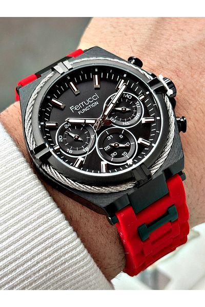 Ferrucci Men Wrist Watch with Red Color Silicone Band - Functional Special Design Fcf 03521S.04