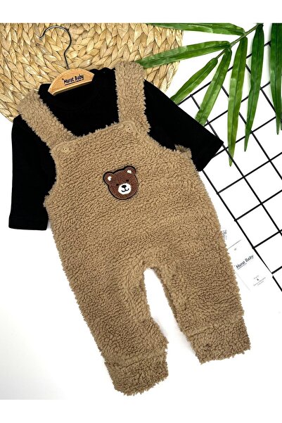 Erkek Bebek Ayı Nakışlı Peluş Bahçıvan Tulum Takımı Bej
