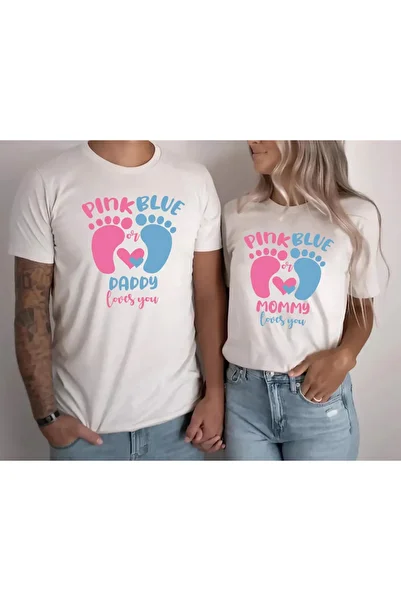 Lotus Baby Gender Party Mother and Father Combination Blue Pink T-Shirt