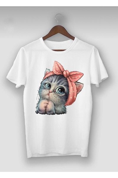 MODARİCH Λευκό Oversize Cute Cat T-shirt - Crew Neck, εμπριμέ κοντό μανίκι