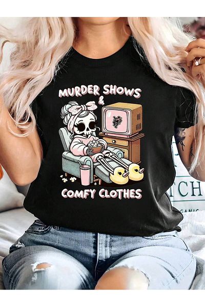 MODARİCH Μαύρο μπλουζάκι Oversize Murder Shows - Crew Neck, εμπριμέ κοντό μανίκι