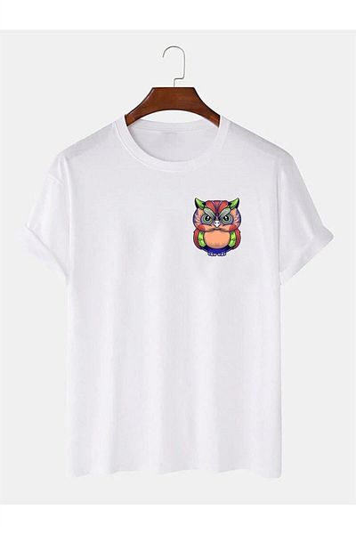 MODARİCH Μπλουζάκι Renki Owl - Λευκό Oversize με στάμπα με λαιμόκοψη με κοντό μανίκι φαρδύ