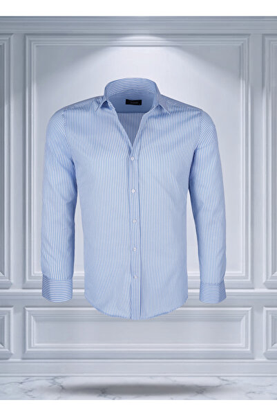 Todth Kolay Ütülenebilen Dört Mevsim Modern Fit Yumuşak Dokulu Mavi Beyaz Çizgili Erkek Gömlek