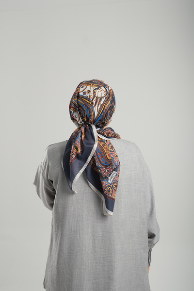 Giverny Етнічний цифровий друк на бавовняній хустці з синім візерунком - Стрижене волокно 202203_02