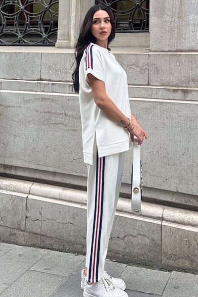 Ded COLLECTION Set de bluză cu mânecă scurtă și pantaloni morcovi cu dungi pentru femei