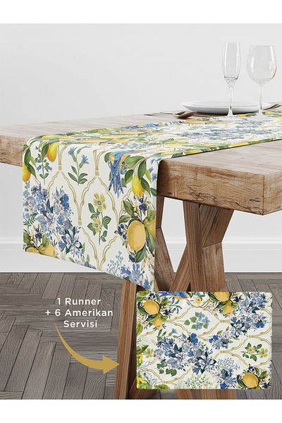 Viadela Lemon Patterned Runner Set +6 Pieces Fabric American Service